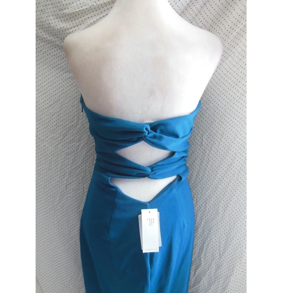 NWT Katie May DARK TEAL Ashun STRAPLESS Ruched Back CUTOUT Slit MIDI DRESS M - Picture 6 of 8